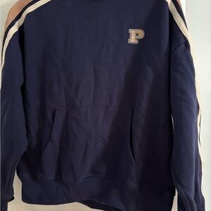 PINK Victoria's Secret Navy Blue Sweatshirt with Tan and White Stripes